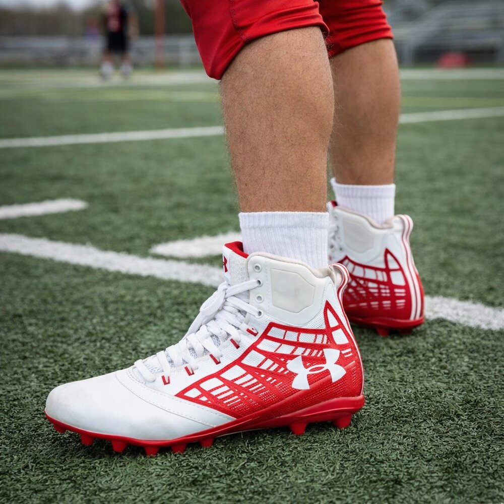 Under Armour Football Cleats Red White High Top Molded Studs Mens 10.5